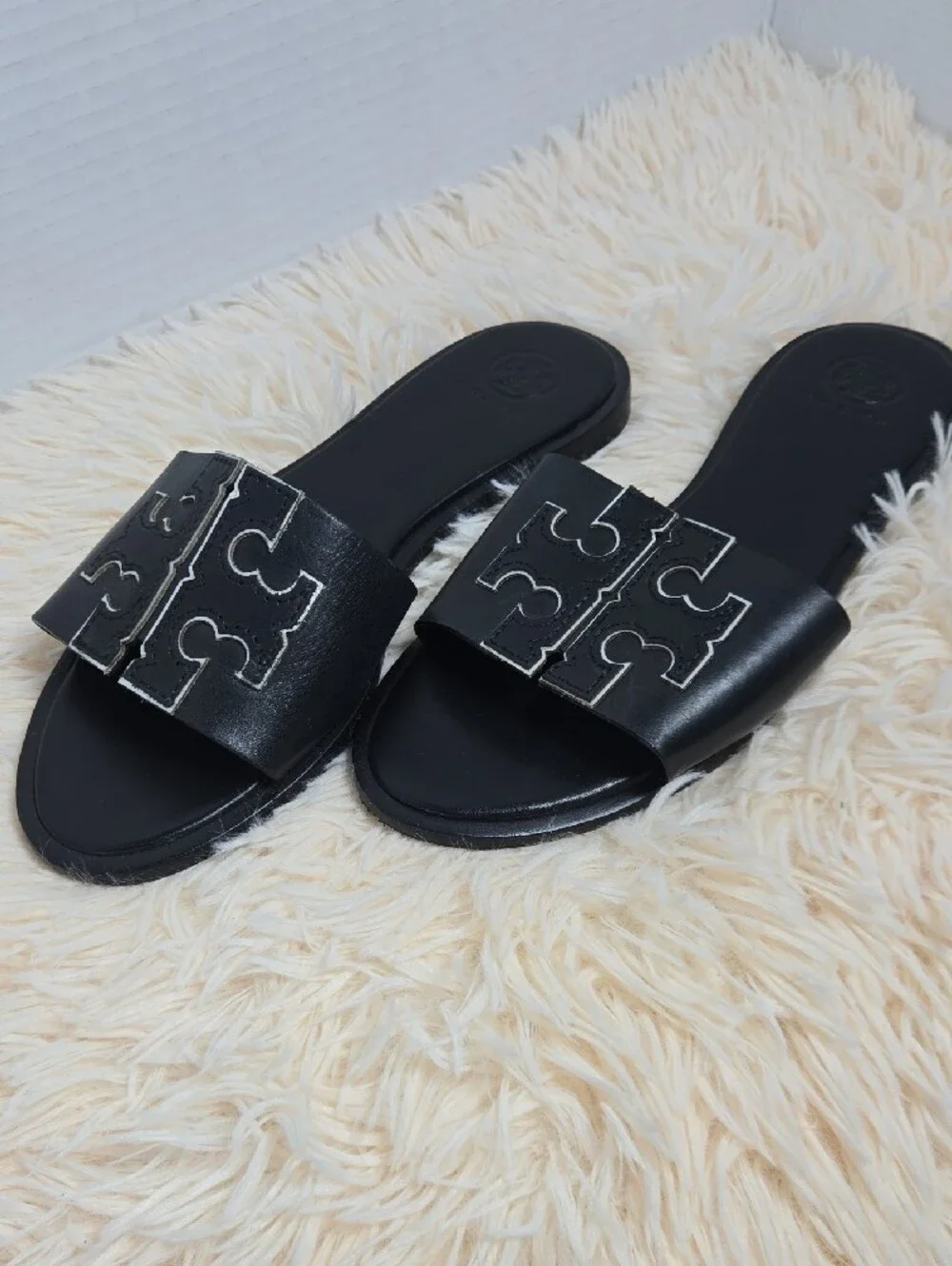 EUC Tory Burch Black Slide Sandals with Silver Logo Trim